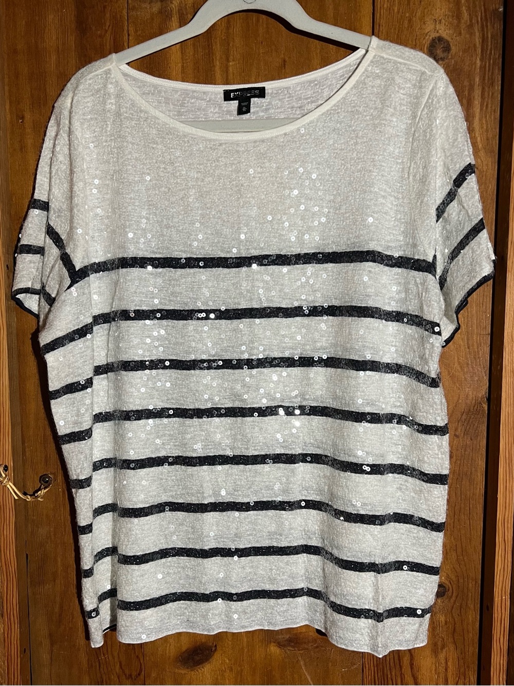 Express White Sequin Top with Black Stripe Detail